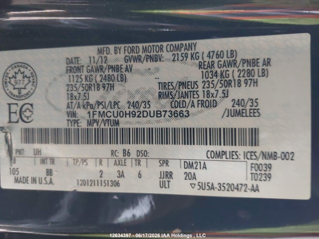 2013 Ford Escape Sel მანქანა იყიდება აუქციონზე, vin: 1FMCU0H92DUB73663, აუქციონის ნომერი: 12634397