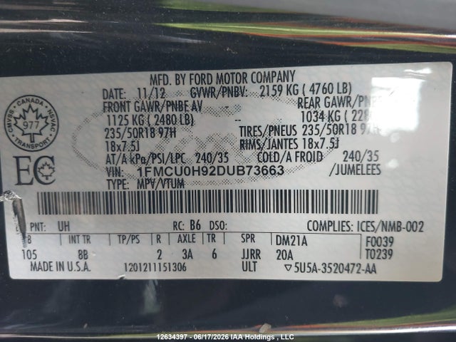 2013 Ford Escape Sel მანქანა იყიდება აუქციონზე, vin: 1FMCU0H92DUB73663, აუქციონის ნომერი: 12634397