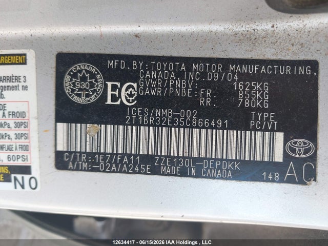 Продаж на аукціоні авто 2005 Toyota Corolla Ce/le/s, vin: 2T1BR32E35C866491, номер лоту: 12634417
