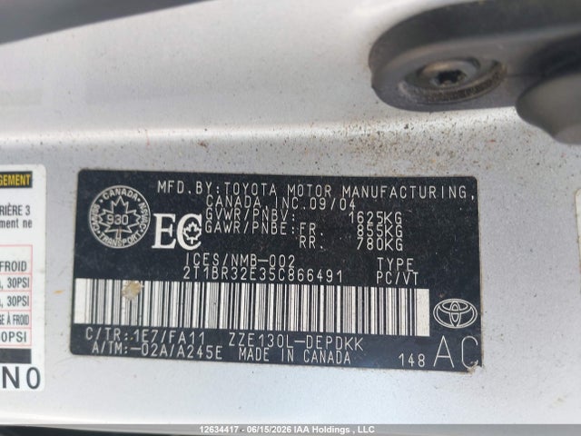 Продаж на аукціоні авто 2005 Toyota Corolla Ce/le/s, vin: 2T1BR32E35C866491, номер лоту: 12634417