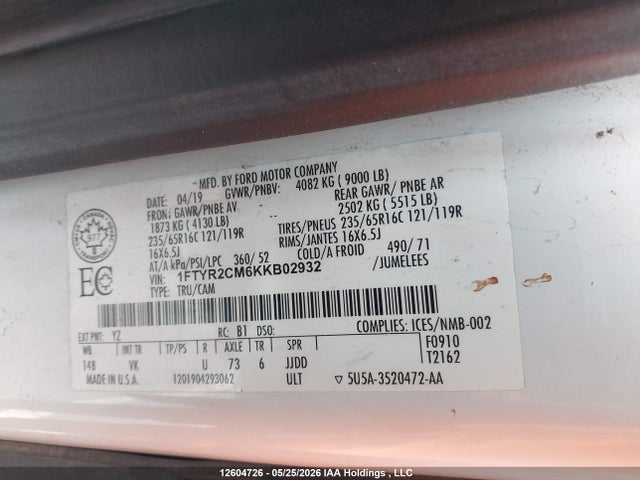 12604726 :رقم المزاد ، 1FTYR2CM6KKB02932 vin ، 2019 Ford Transit-250 مزاد بيع