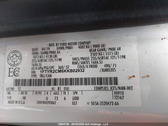 12604726 :رقم المزاد ، 1FTYR2CM6KKB02932 vin ، 2019 Ford Transit-250 مزاد بيع
