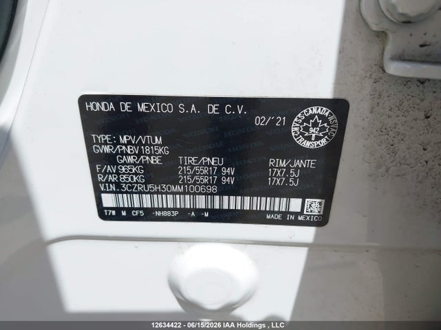 12634422 :رقم المزاد ، 3CZRU5H30MM100698 vin ، 2021 Honda Hr-v Lx مزاد بيع