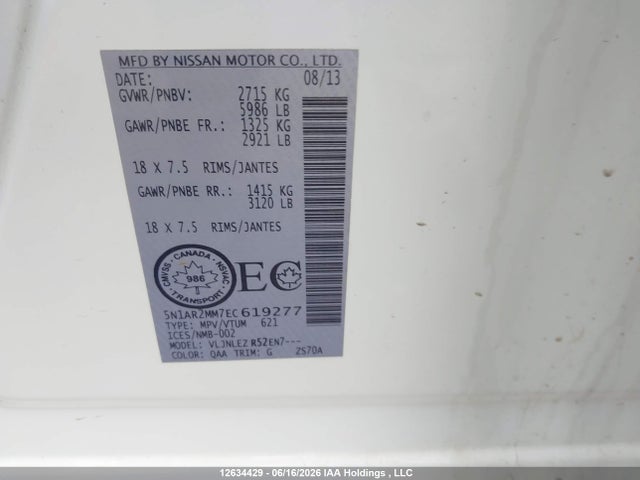 Aukcja sprzedaży 2014 Nissan Pathfinder Platinum/s/sl/sv, vin: 5N1AR2MM7EC619277, numer aukcji: 12634429