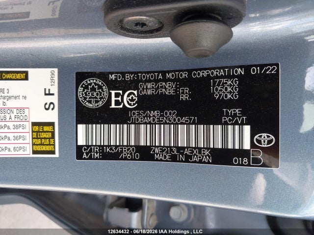 Aukcja sprzedaży 2022 Toyota Corolla Hybrid Base W/li Battery, vin: JTDBAMDE5N3004571, numer aukcji: 12634432