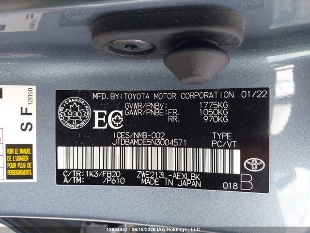 Aukcja sprzedaży 2022 Toyota Corolla Hybrid Base W/li Battery, vin: JTDBAMDE5N3004571, numer aukcji: 12634432
