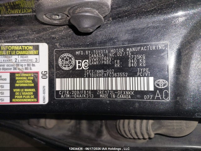 2015 Toyota Corolla Le მანქანა იყიდება აუქციონზე, vin: 2T1BURHEXFC363552, აუქციონის ნომერი: 12634436
