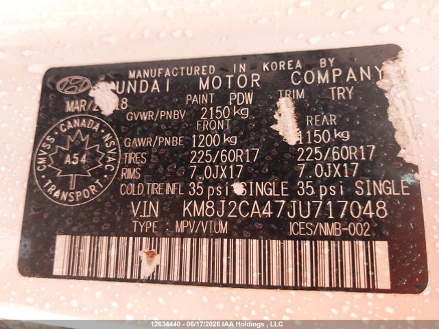 2018 Hyundai Tucson Base 2.0l მანქანა იყიდება აუქციონზე, vin: KM8J2CA47JU717048, აუქციონის ნომერი: 12634440