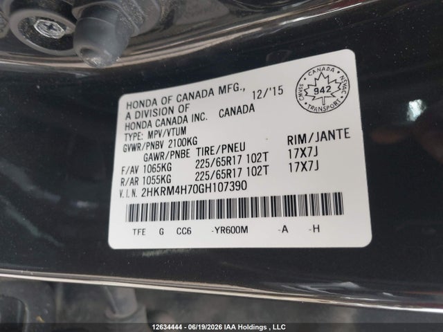 2HKRM4H70GH107390 Honda Cr-v Ex-l