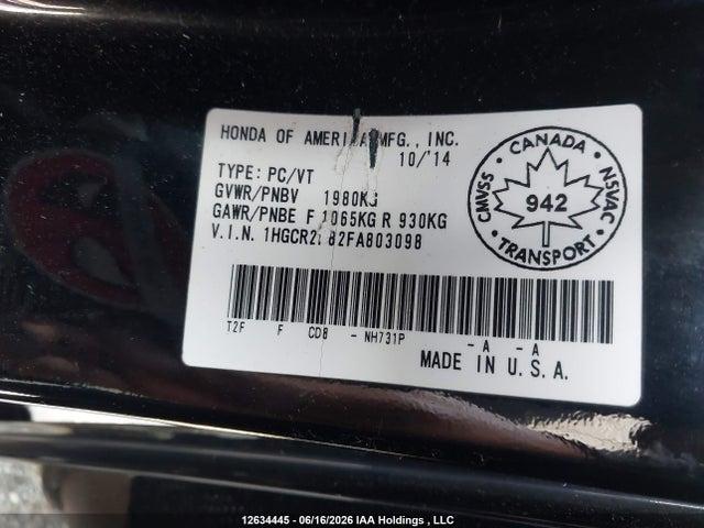 2015 Honda Accord Ex-l მანქანა იყიდება აუქციონზე, vin: 1HGCR2F82FA803098, აუქციონის ნომერი: 12634445