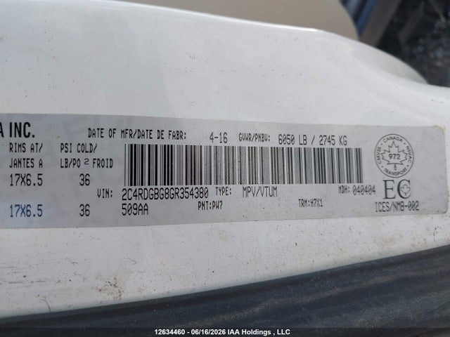 12634460 :رقم المزاد ، 2C4RDGBG8GR354380 vin ، 2016 Dodge Grand Caravan Se مزاد بيع