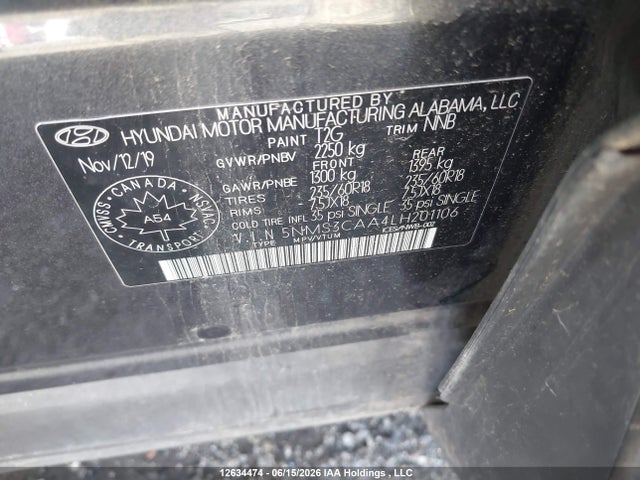 Aukcja sprzedaży 2020 Hyundai Santa Fe Luxury Turbo Awd, vin: 5NMS3CAA4LH201106, numer aukcji: 12634474
