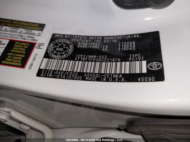 Aukcja sprzedaży 2016 Toyota Camry Le/xle/se/xse, vin: 4T1BF1FK0GU221876, numer aukcji: 12634480