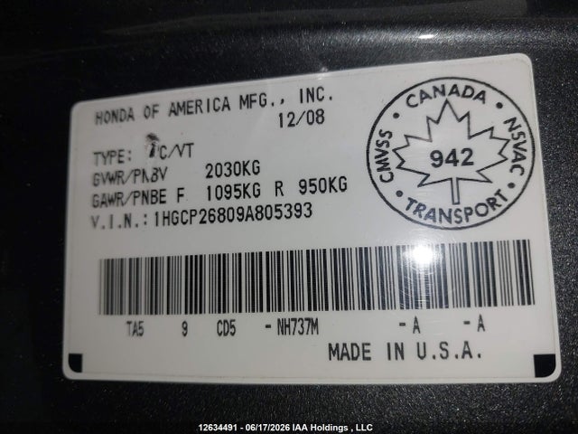 Aukcja sprzedaży 2009 Honda Accord Exl, vin: 1HGCP26809A805393, numer aukcji: 12634491