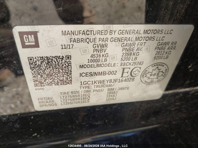 12634495 :رقم المزاد ، 1GC1KWEY8JF164028 vin ، 2018 Chevrolet Silverado 2500hd Ltz مزاد بيع