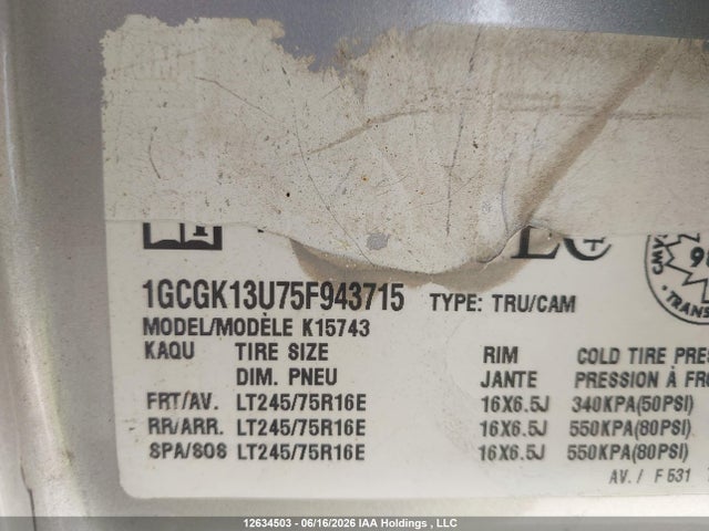 Aukcja sprzedaży 2005 Chevrolet Silverado K1500 Heavy Duty, vin: 1GCGK13U75F943715, numer aukcji: 12634503