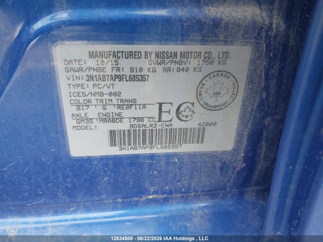 12634508 :رقم المزاد ، 3N1AB7AP9FL685357 vin ، 2015 Nissan Sentra 1.8 S/1.8 Sl/1.8 Sr/1.8 Sv مزاد بيع
