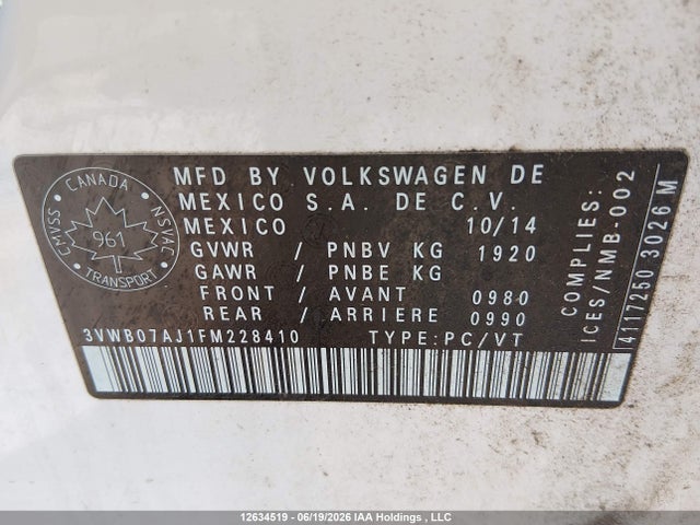 Aukcja sprzedaży 2015 Volkswagen Jetta, vin: 3VWB07AJ1FM228410, numer aukcji: 12634519