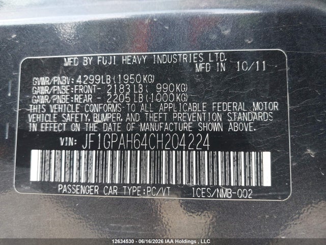 12634530 :رقم المزاد ، JF1GPAH64CH204224 vin ، 2012 Subaru Impreza Limited مزاد بيع