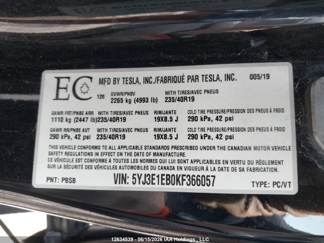 Tesla MODEL 3 2019 5YJ3E1EB0KF366057 Image 9