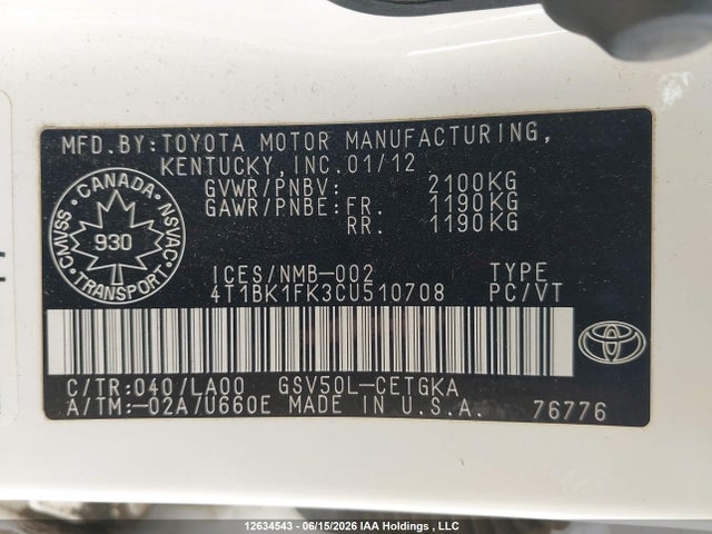 12634543 :رقم المزاد ، 4T1BK1FK3CU510708 vin ، 2012 Toyota Camry Xle V6 مزاد بيع