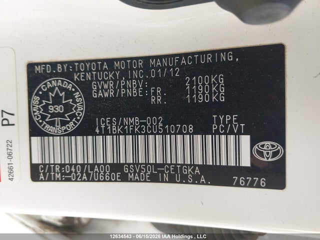 12634543 :رقم المزاد ، 4T1BK1FK3CU510708 vin ، 2012 Toyota Camry Xle V6 مزاد بيع