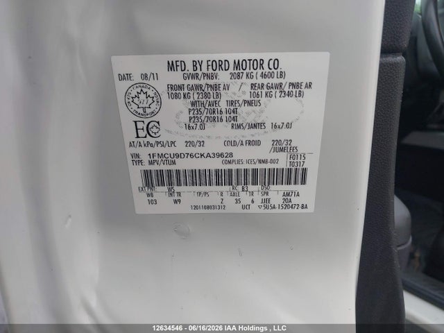 2012 Ford Escape Xlt მანქანა იყიდება აუქციონზე, vin: 1FMCU9D76CKA39628, აუქციონის ნომერი: 12634546