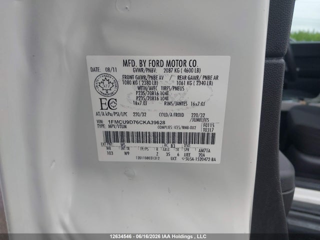 2012 Ford Escape Xlt მანქანა იყიდება აუქციონზე, vin: 1FMCU9D76CKA39628, აუქციონის ნომერი: 12634546