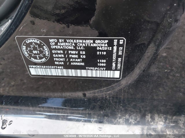 12634549 :رقم المزاد ، 1VWCN7A31CC077492 vin ، 2012 Volkswagen Passat 2.0 Tdi Highline مزاد بيع