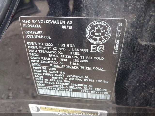 Продаж на аукціоні авто 2017 Volkswagen Touareg 3.6l Wolfsburg Edition, vin: WVGRF7BP5HD001153, номер лоту: 12634553