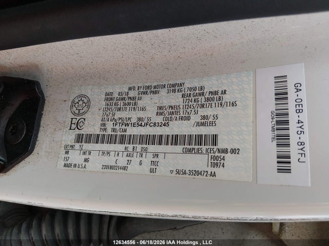 12634556 :رقم المزاد ، 1FTFW1E54JFC83245 vin ، 2018 Ford F150 Supercrew مزاد بيع