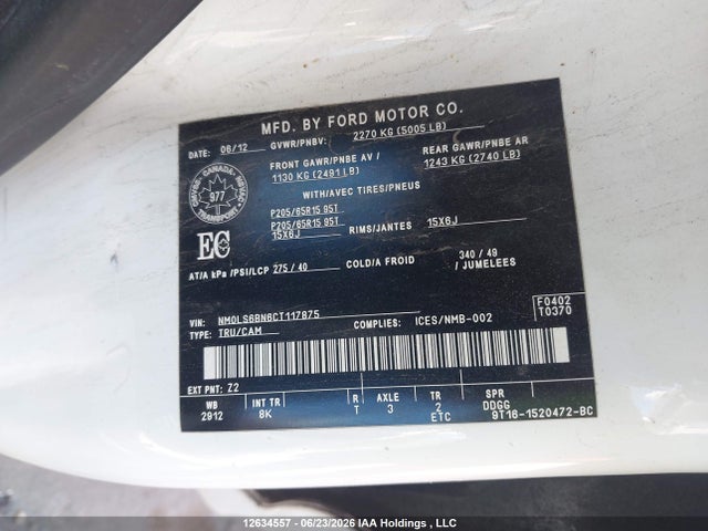 12634557 :رقم المزاد ، NM0LS6BN6CT117875 vin ، 2012 Ford Transit Connect Xlt مزاد بيع