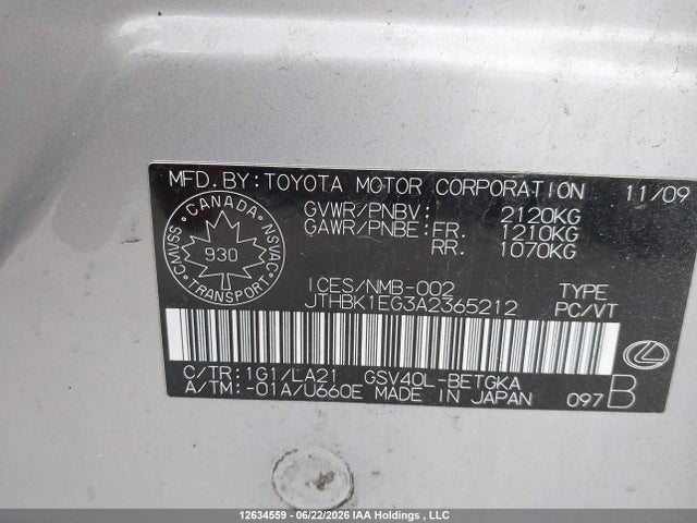 12634559 :رقم المزاد ، JTHBK1EG3A2365212 vin ، 2010 Lexus Es 350 350 مزاد بيع