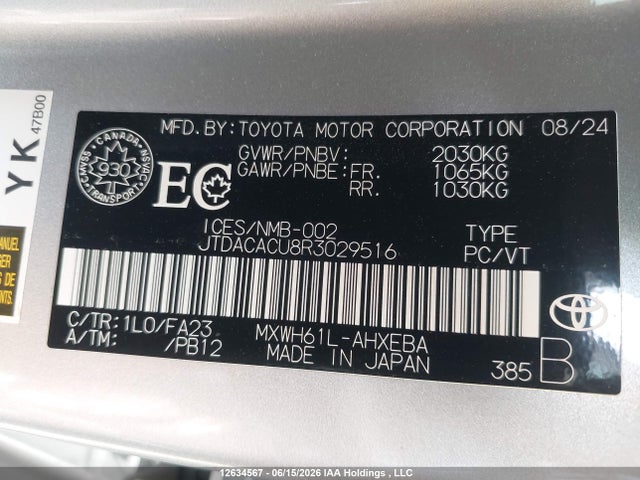 12634567 :رقم المزاد ، JTDACACU8R3029516 vin ، 2024 Toyota Prius Prime Se/xse/xse Premium مزاد بيع