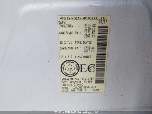 2017 Nissan Murano Platinum/sl/sv მანქანა იყიდება აუქციონზე, vin: 5N1AZ2MH2HN167492, აუქციონის ნომერი: 12633211