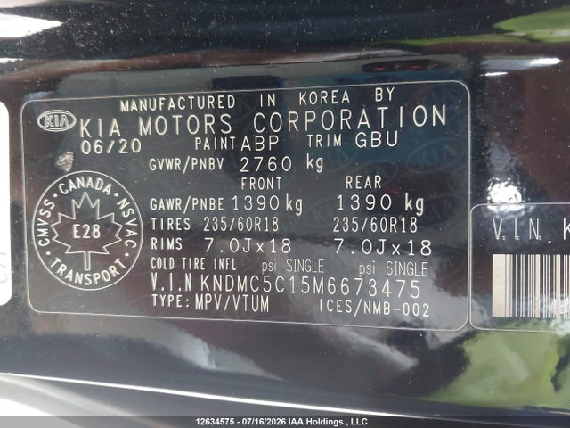 Aukcja sprzedaży 2021 Kia Sedona Lx+/sx Tech, vin: KNDMC5C15M6673475, numer aukcji: 12634575