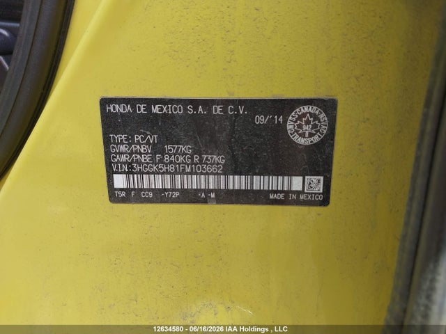 2015 Honda Fit Ex/ex-l Navi მანქანა იყიდება აუქციონზე, vin: 3HGGK5H81FM103662, აუქციონის ნომერი: 12634580