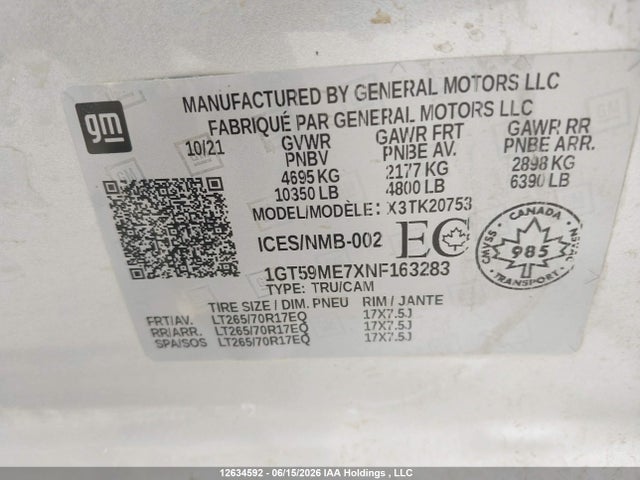 12634592 :رقم المزاد ، 1GT59ME7XNF163283 vin ، 2022 Gmc Sierra 2500hd Sle مزاد بيع