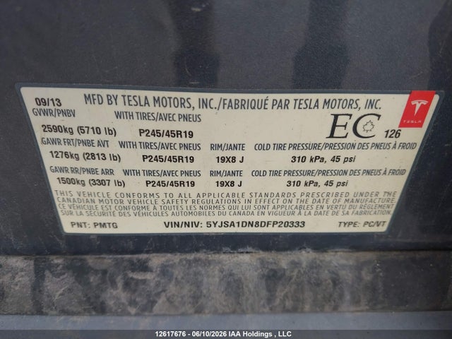 Aukcja sprzedaży 2013 Tesla Model S, vin: 5YJSA1DN8DFP20333, numer aukcji: 12617676