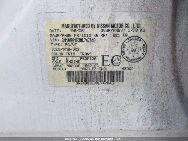 Продаж на аукціоні авто 2008 Nissan Sentra 2.0s, vin: 3N1AB61E38L747640, номер лоту: 12629735