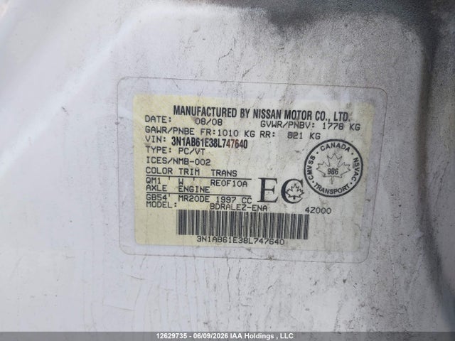 Продаж на аукціоні авто 2008 Nissan Sentra 2.0s, vin: 3N1AB61E38L747640, номер лоту: 12629735