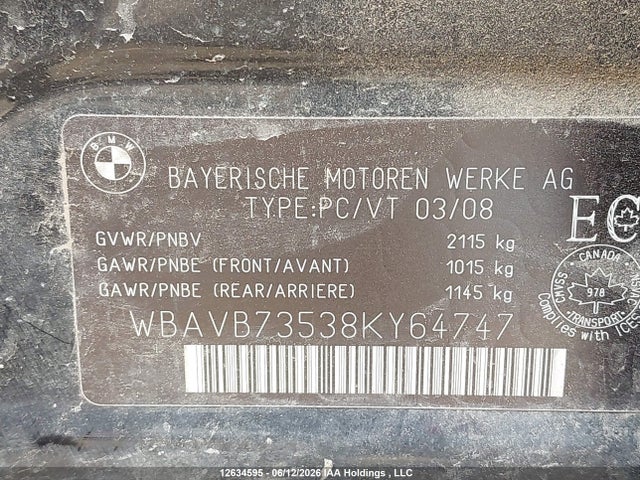 Aukcja sprzedaży 2008 Bmw 335i, vin: WBAVB73538KY64747, numer aukcji: 12634595