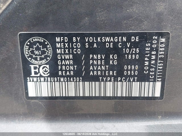 Aukcja sprzedaży 2026 Volkswagen Jetta Comfortline, vin: 3VWSW7BU9TM014302, numer aukcji: 12634605