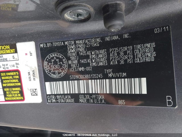 2011 Toyota Sienna Xle 7 Passenger მანქანა იყიდება აუქციონზე, vin: 5TDYK3DC8BS135245, აუქციონის ნომერი: 12634615