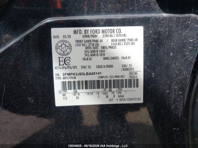 2020 Ford Edge Sel მანქანა იყიდება აუქციონზე, vin: 2FMPK3J93LBA65141, აუქციონის ნომერი: 12634625