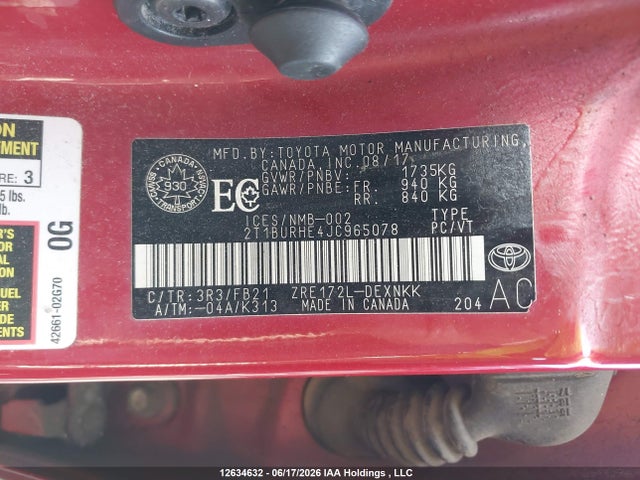Продажа на аукционе авто 2018 Toyota Corolla Le, vin: 2T1BURHE4JC965078, номер лота: 12634632