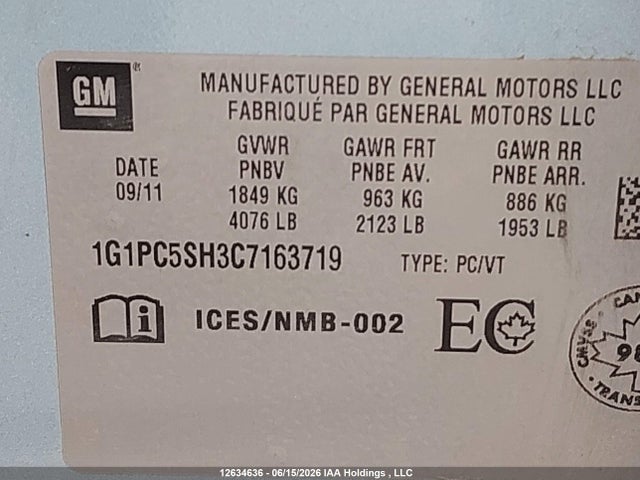12634636 :رقم المزاد ، 1G1PC5SH3C7163719 vin ، 2012 Chevrolet Cruze Ls مزاد بيع