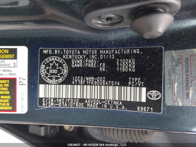 12634637 :رقم المزاد ، 4T1BF1FK9DU647514 vin ، 2013 Toyota Camry L/se/le/xle مزاد بيع