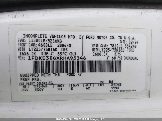12634638 :رقم المزاد ، 1FDKE30GXRHA95346 vin ، 1994 Ford Econoline E350 Cutaway Van مزاد بيع