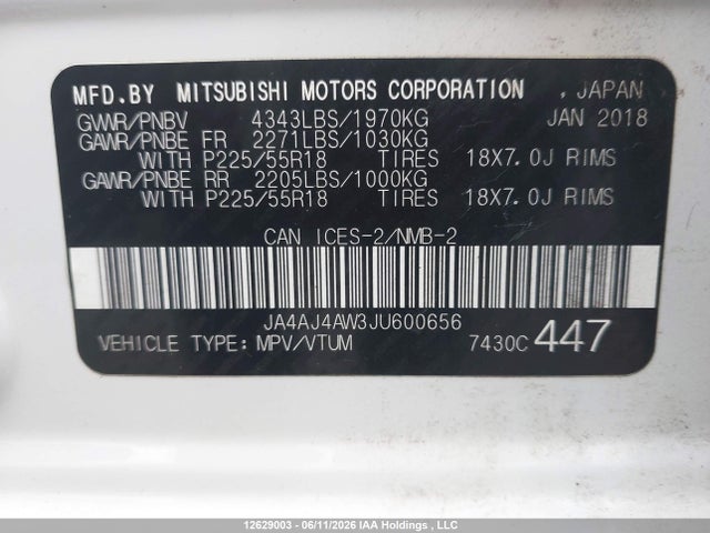 Aukcja sprzedaży 2018 Mitsubishi Rvr Gt/se Anniversary Edition/se Limited Edition, vin: JA4AJ4AW3JU600656, numer aukcji: 12629003